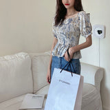 【メール便】総柄シャーリング半袖ブラウス