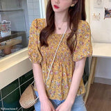 【メール便】花柄シャーリングペプラムブラウス