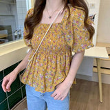 【メール便】花柄シャーリングペプラムブラウス