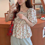 【メール便】花柄シャーリングペプラムブラウス
