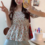 【メール便】花柄シャーリングペプラムブラウス