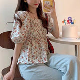 【メール便】花柄シャーリングペプラムブラウス