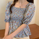 【メール便】花柄シャーリングペプラムブラウス