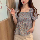 【メール便】花柄シャーリングペプラムブラウス