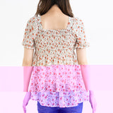 【メール便】花柄シャーリングペプラムブラウス