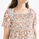 【メール便】花柄シャーリングペプラムブラウス