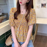 【メール便】花柄シャーリングペプラムブラウス