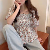 【メール便】花柄シャーリングペプラムブラウス