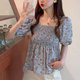 【メール便】花柄シャーリングペプラムブラウス