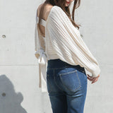 バックディティールボーダー編みニットトップス