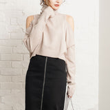 カットショルダータートルネックニットトップス