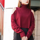 カットショルダータートルネックニットトップス