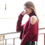 カットショルダータートルネックニットトップス