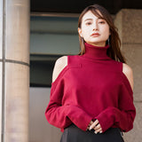 カットショルダータートルネックニットトップス