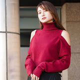 カットショルダータートルネックニットトップス