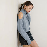 カットショルダータートルネックニットトップス