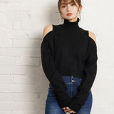 カットショルダータートルネックニットトップス