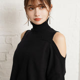 カットショルダータートルネックニットトップス