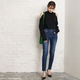 カットショルダータートルネックニットトップス