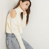 カットショルダータートルネックニットトップス