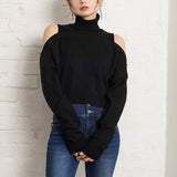 カットショルダータートルネックニットトップス
