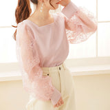 スクエアネックチュール刺繍長袖ブラウス