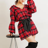 バイカラーリボンチェックシャツワンピース