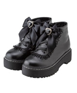 ローヒールハートビジューレースアップショートブーツ