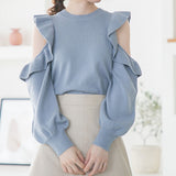 オープンショルダーフリルニットトップス