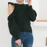 オープンショルダーフリルニットトップス