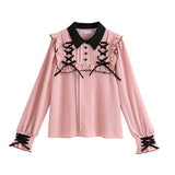 ハトメレースアップヨークフリルリボンブラウス