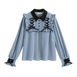 ハトメレースアップヨークフリルリボンブラウス