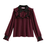 ハトメレースアップヨークフリルリボンブラウス