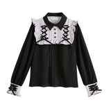 ハトメレースアップヨークフリルリボンブラウス