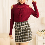 セクシーレースアップタートルニットトップス