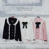 コットン刺繍レース丸襟ブラウス