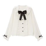 コットン刺繍レース丸襟ブラウス