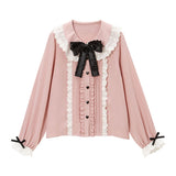 コットン刺繍レース丸襟ブラウス