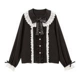 コットン刺繍レース丸襟ブラウス