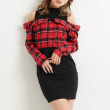 チェックオフショルタイトワンピース