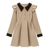 配色角襟肩フリルワンピース