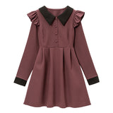 配色角襟肩フリルワンピース