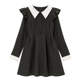 配色角襟肩フリルワンピース