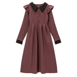 配色角襟肩フリルワンピース