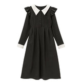 配色角襟肩フリルワンピース