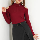 キラキラボタン肩開きリブニットトップス