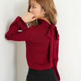 バックリボンリブニットトップス