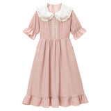 シンプル丸襟リボンワンピース