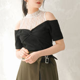 【メール便】レースレイヤードテレコリブトップス