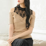 【メール便】レースレイヤードテレコリブトップス